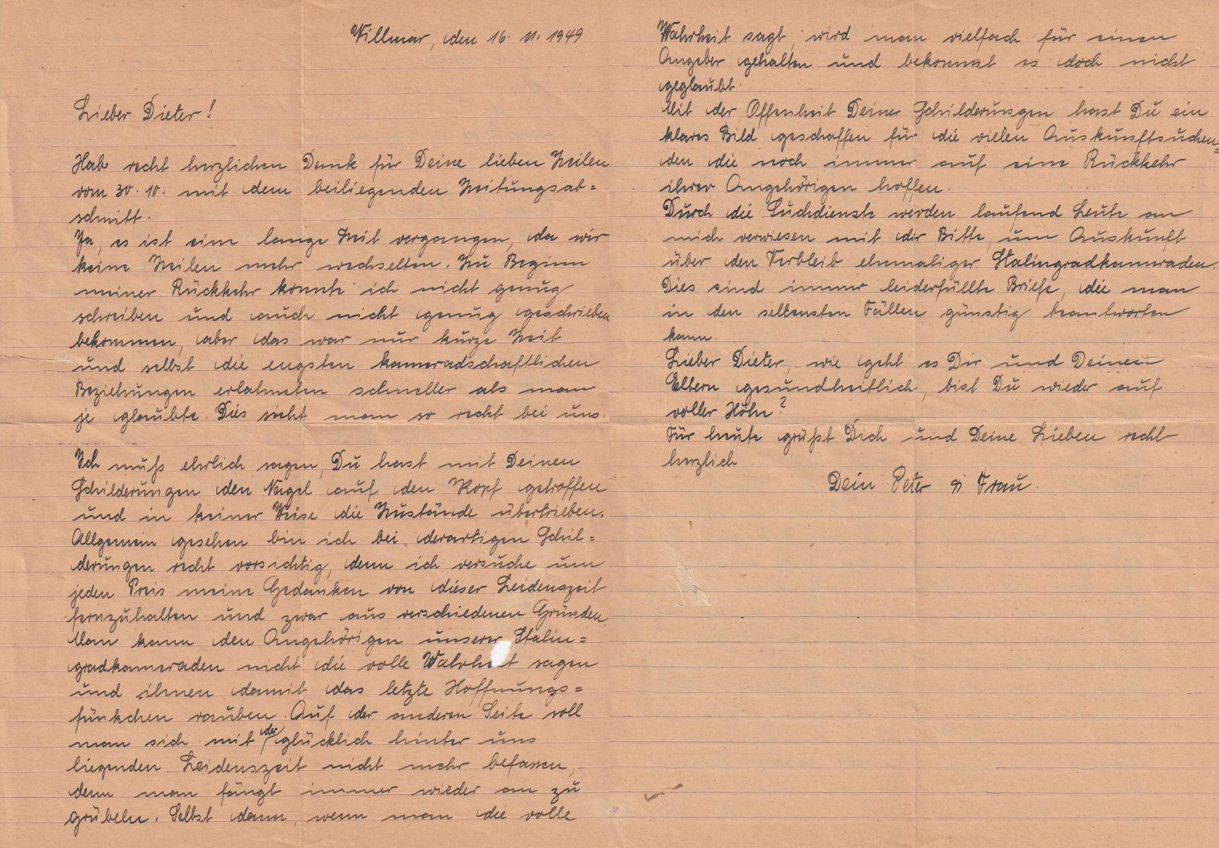 Brief von Peter Scheu an Dieters Eltern in Düsseldorf vom 10. April 1948